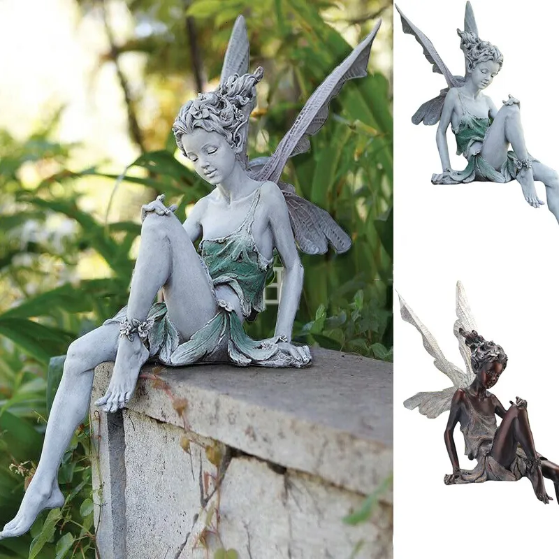 装飾的なオブジェクト妖精の彫像樹脂手工芸品の妖精の妖精の妖精の妖精は、姿勢庭の屋外装飾230815に座っています