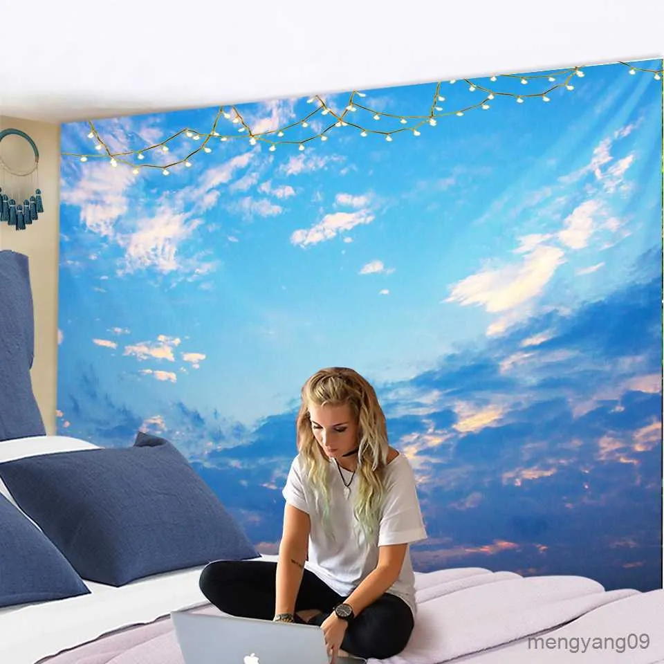 Wandteppiche Sun Clear Sky Wolken Wandteppich Wand Hanging Blue Sky Clouds Betspannungs Schlafsaal Beach Handtuch Kulisse Home Room Wandkunst Dekor R230815