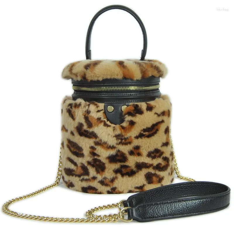 Bolsas de escola FXFURS 2023 Rex Fur Bucket Bag Saco de leopardo Fashion Soft Luxury Single-ombro bolsa com pulso com zíper