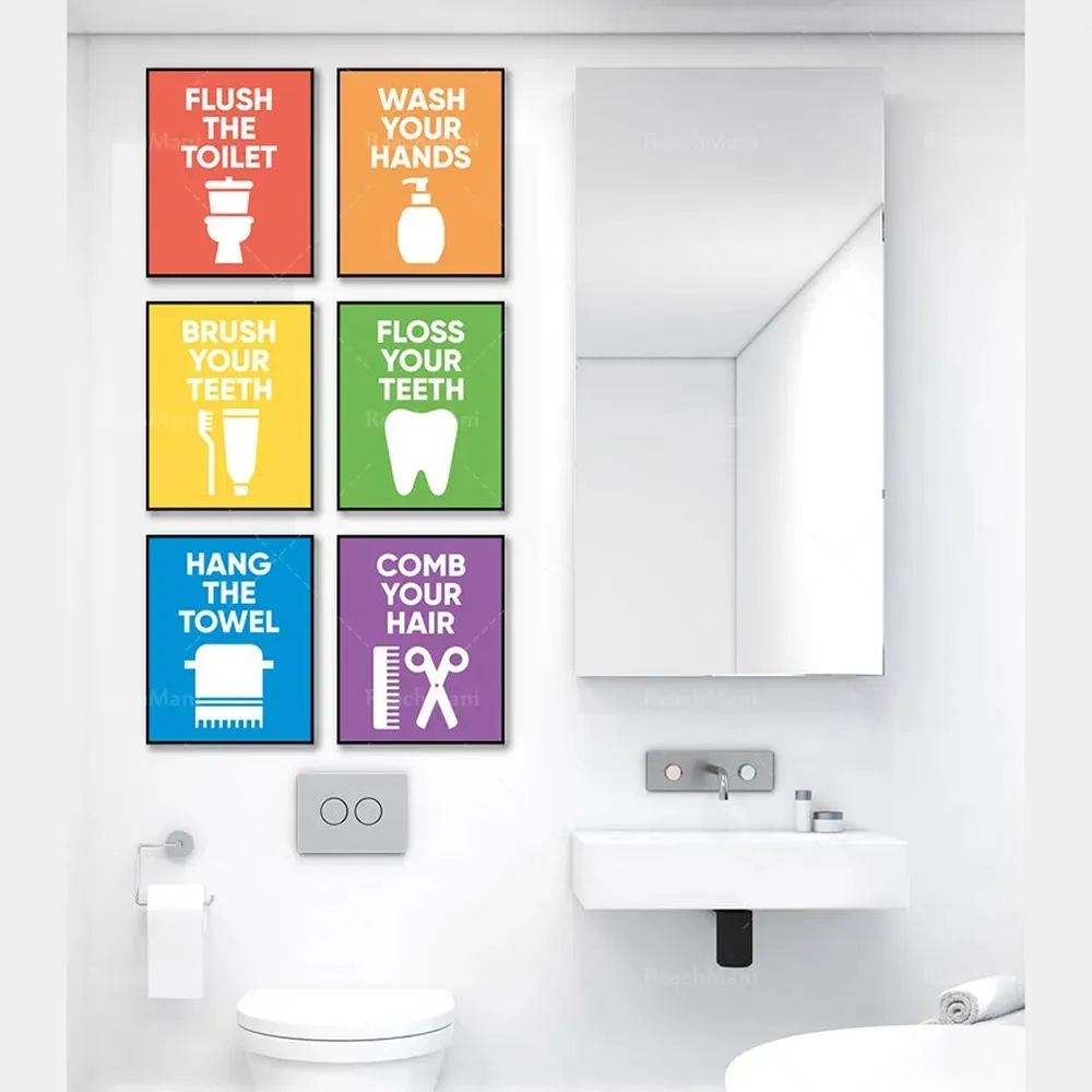 Wassen en flossen badkamerregels canvas schilderen toilet cartoon borden kleur posters en prints muurkunst voor kinderen badkamer toilet decor wo6