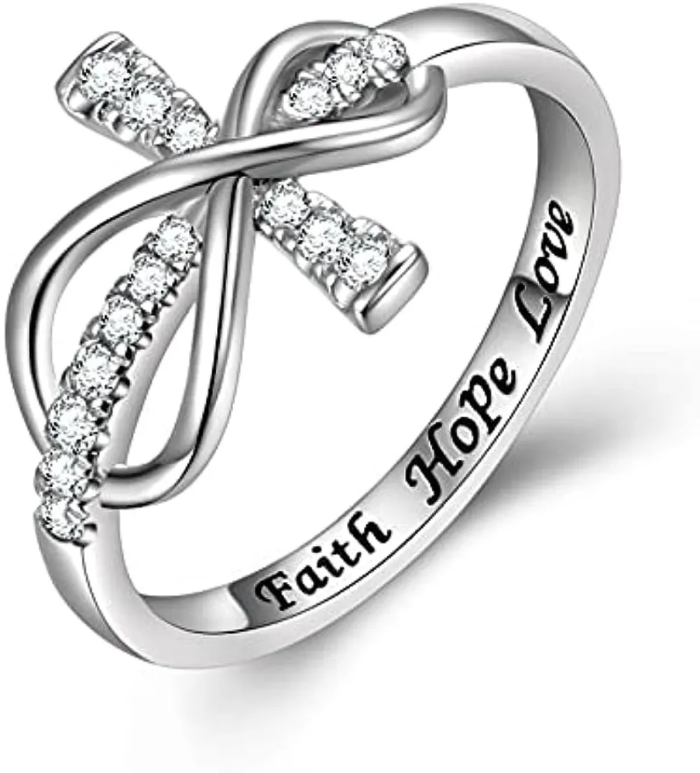 Inspirerande smycken 925 Sterling Silver Graved Faith Hope Love Cubic Zirconia Cross Infinity Ring, storlek 5-10