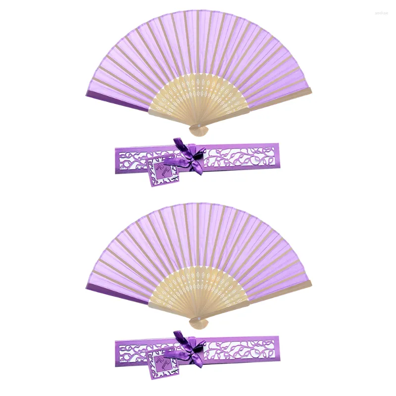 Dekorativa figurer 2st Classic Folding Fans Delicate Chinese Style Fan Bamboo Framework With Box for Women (Purple)