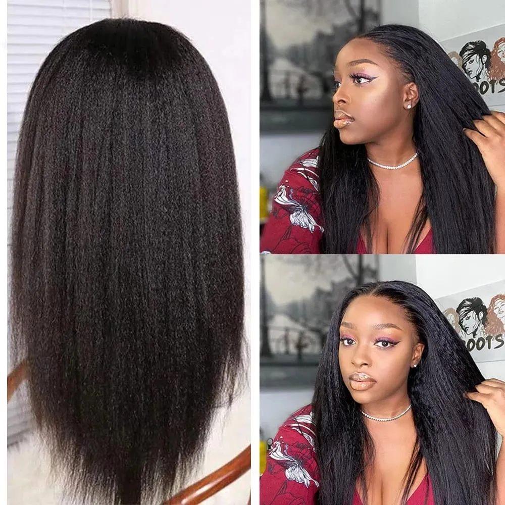 Affordable human hair relaxed and pressed yaki straight easy thin v part wig