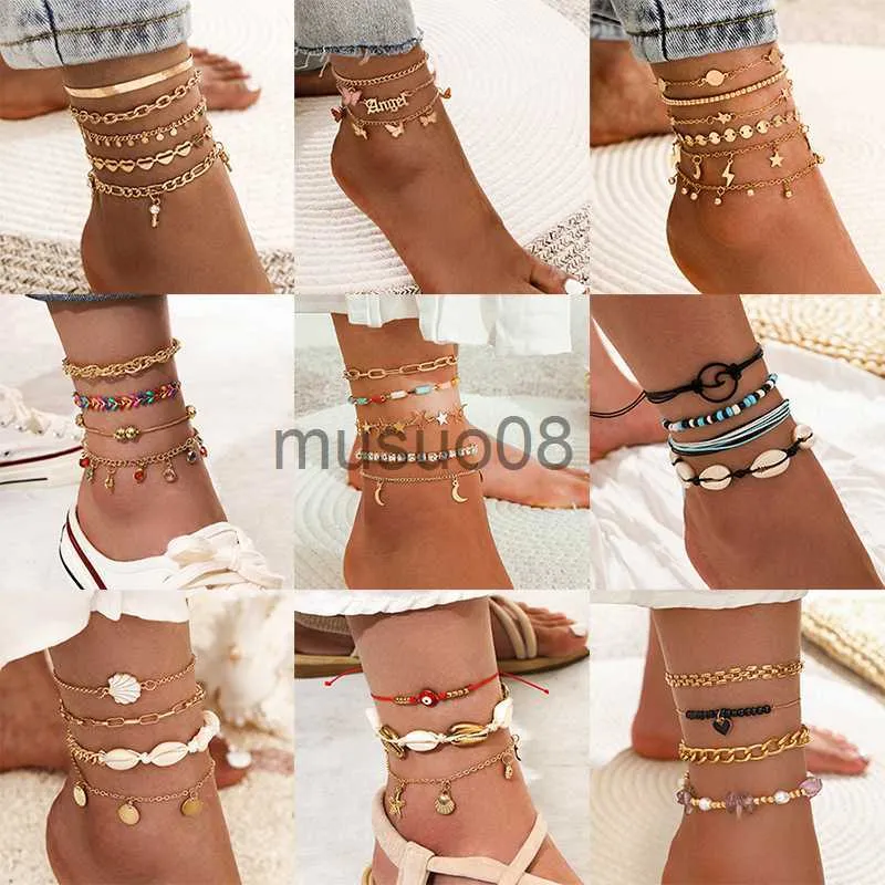 Anklets Bohemia Shell Star Chain Enkle Brelet On Leg Foot Sieraden Boho Starfish Key Butterfly Charm Anklet Set for Women Cessories J230815