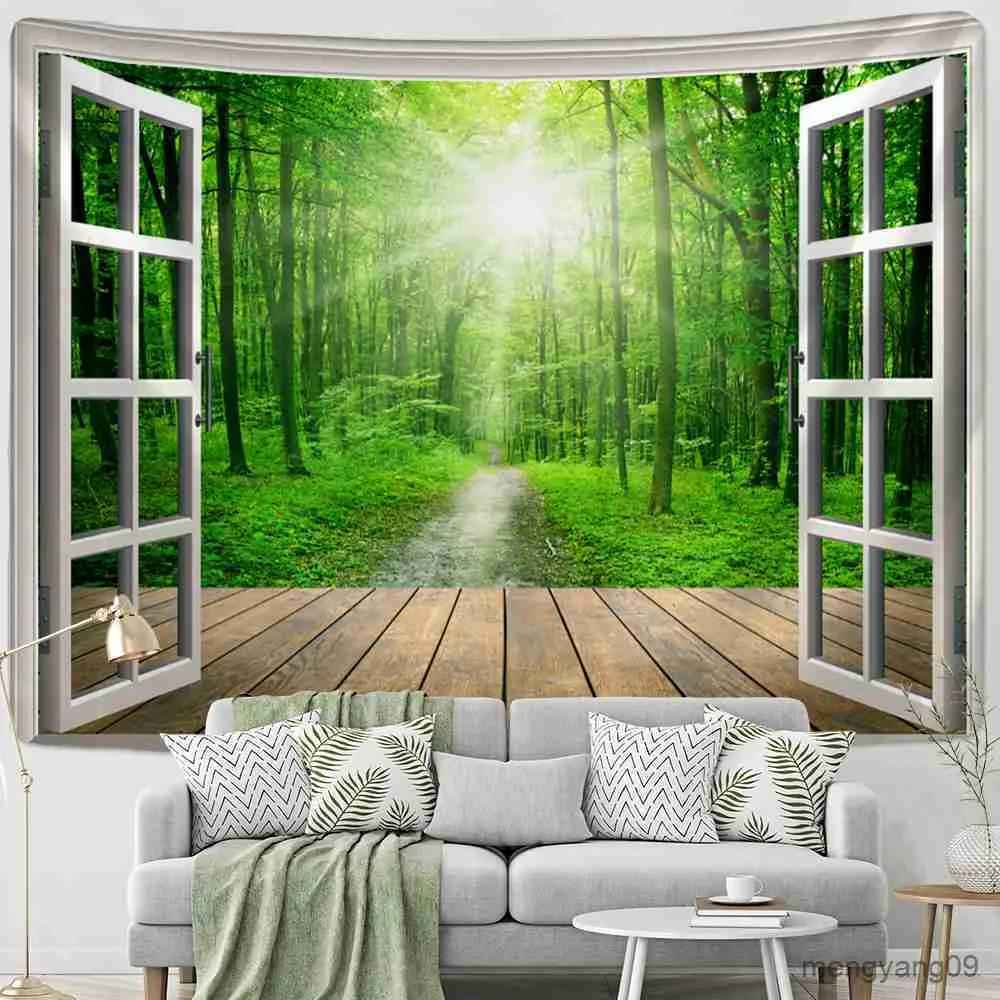 Tapisseries fönster skog se tapestry vägg hängande filt hippie stil vardagsrum dekor r230815