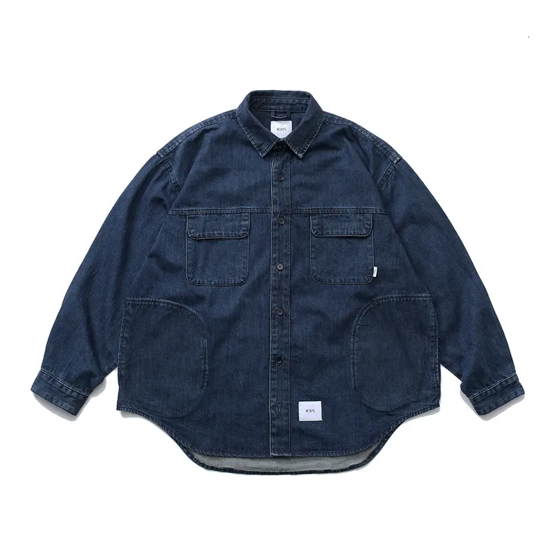 Mens Jackets Mens Denim Jacket Japanese WTAPS Mens Casual Loose Work Clothes Blue Denim Coats Street Multipocket Vintage Jean Shirt 230815