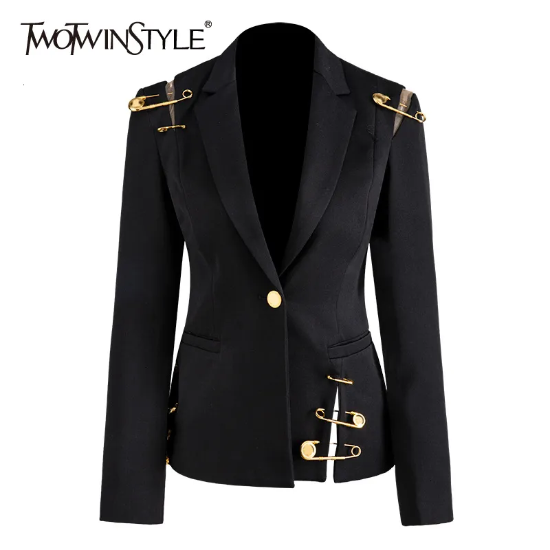 Dames pakken blazers twotwinstyle los fit black holllow pin gesplitste jas blazer revers lapel lange mouw dames jas mode herfst winter 230815