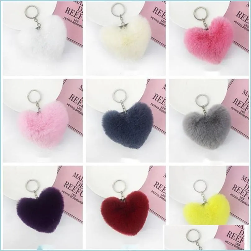 Keychains Lanyards Faux Soft Keyrings Rabbit Pom Heart Keychain Alloy Key Ring Fluffy Fur Ball Women Bag Cell Phone Car Charm Pendan Dhjop