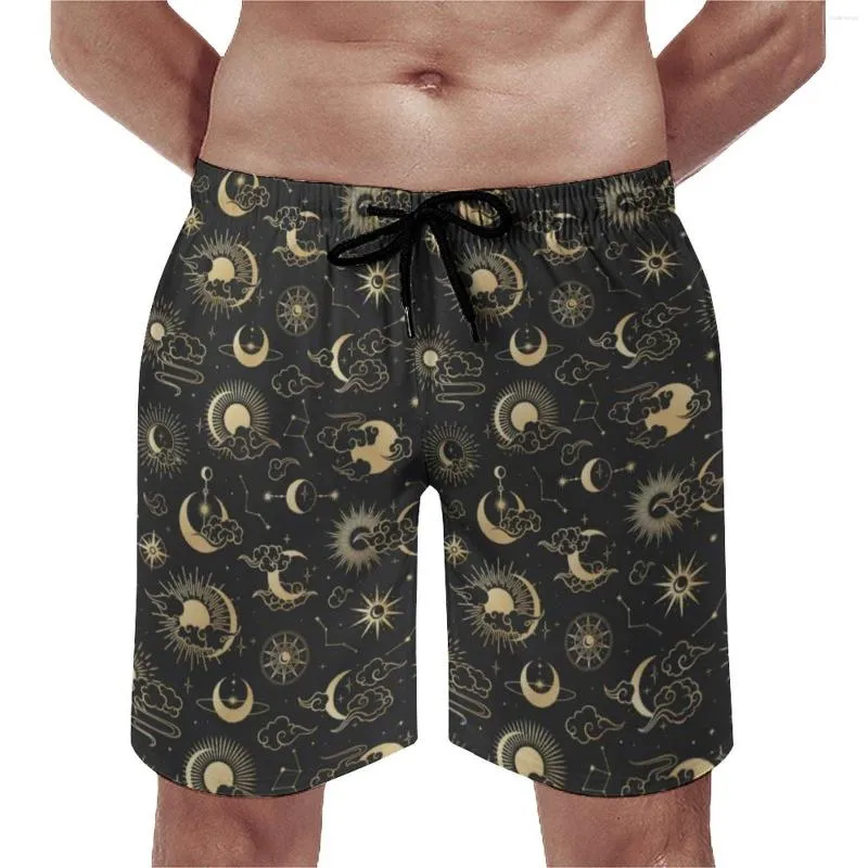 Herr shorts gym sol astrologi konst roliga badstammar svart och guldmånestjärna bekväma springa plus size strand