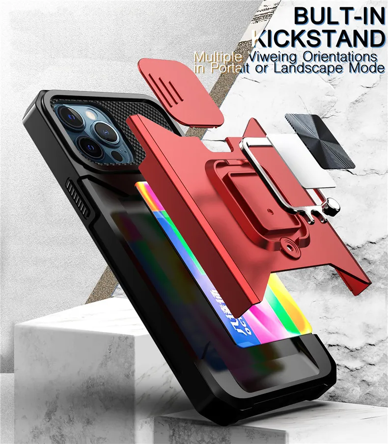 Sliding Window Phone Cases Kickstand Back Cover Ring Armor Card Holder Protector for iPhone 15 15pro 15plus 15ultra 14 13 12 11 pro max X Xs XR 6 6P 7 7P 8 8plus