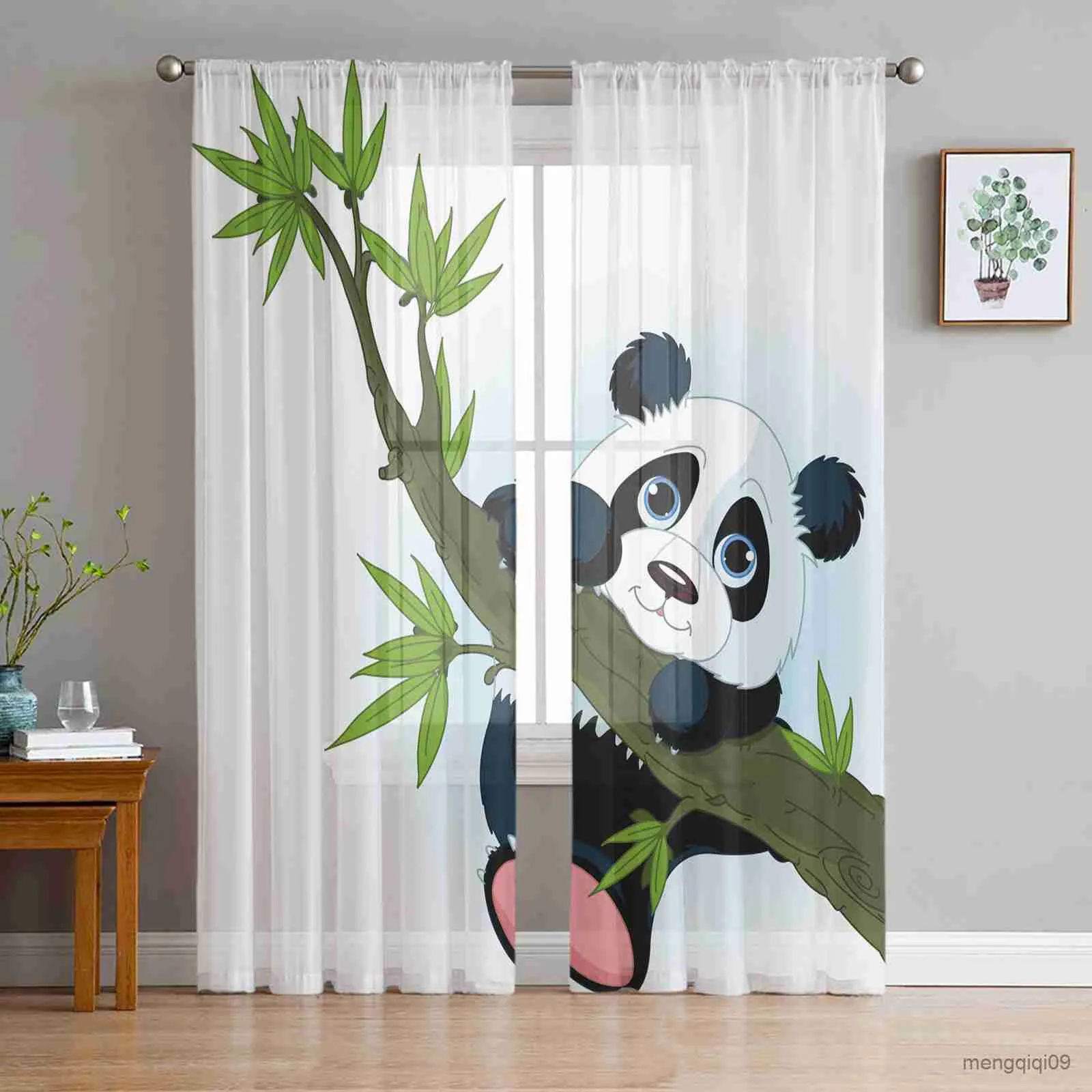 Curtain Bamboo Panda China Cute Tulle Curtains for Living Room Bedroom Decor Chiffon Sheer Kitchen Window Curtain Drapes R230816