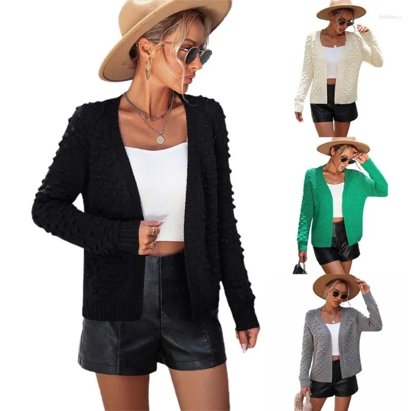 Suéteres femininos de manga longa malha frontal 3D Cardigan v suéter de pescoço