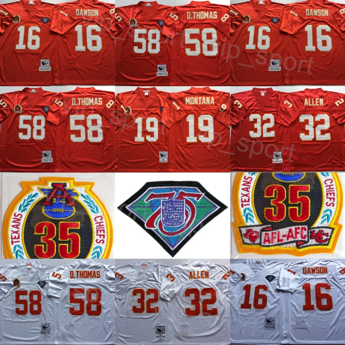 1994 Vintage Football 16 Len Dawson Jerseys 19 Joe Montana 58 Derrick Thomas 32 Marcus Allen Retro 35º 75º Aniversário Equipe Vermelha Cor Branca Ed para Fãs de Esporte