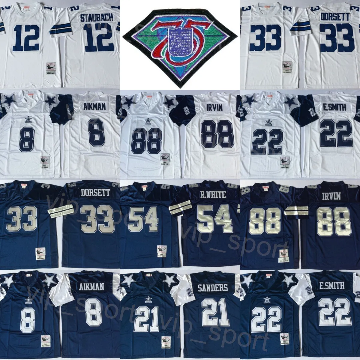 1992 1994 Vintage Football 12 Roger Staubach Jerseys 21 Deion Sanders 8 Troy Aikman 22 Emmitt Smith 33 Tony Dorsett 54 Randy White 88 Michael Irvin 1977 1984