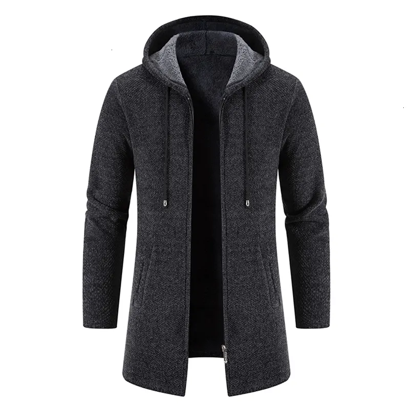 Men s Jackets Autumn Winter Knitwear Jacket Thickened Medium Length Cardigan Hooded Zipper Outerwear 230815