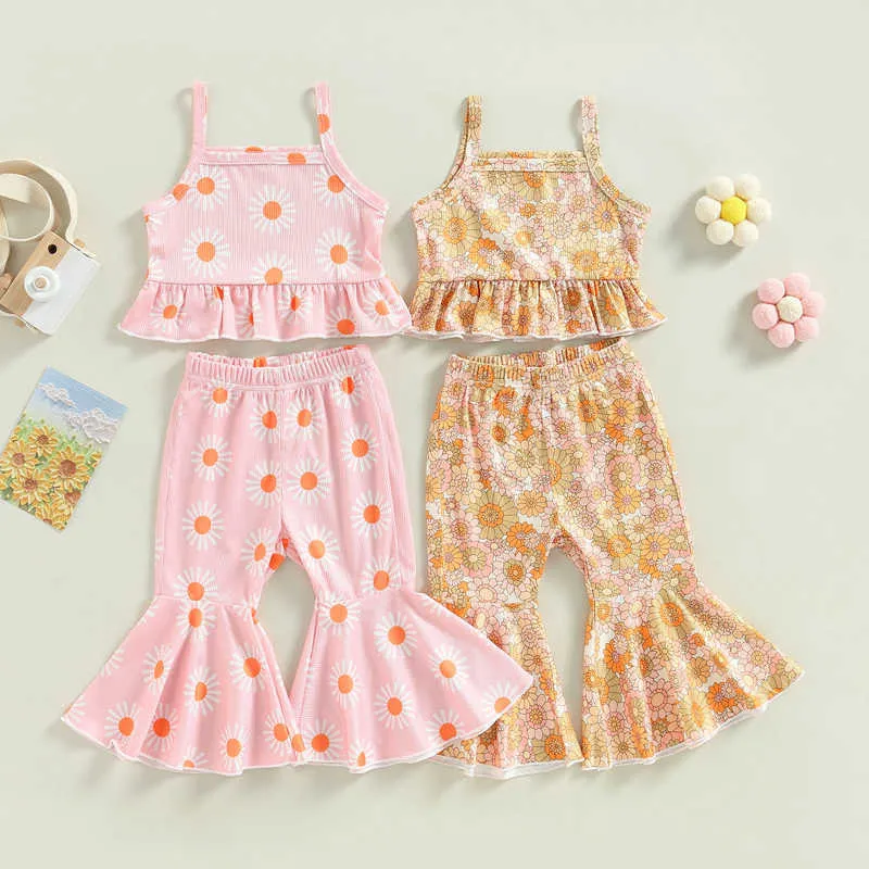 Clothing Sets Kids Baby Girls Summer Outfits Flower Print Ruffled Camisole and Elastic Flared Pants Children Casual Clothing Set