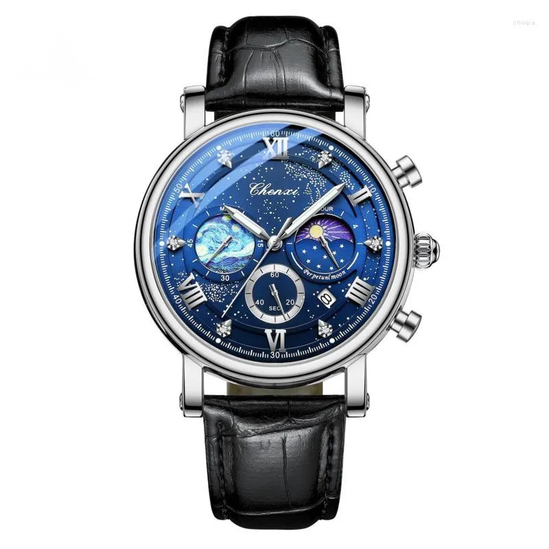 Wristwatches Calendar Moon Phase Men's Quartz Watch Leather Band Fashion Business Casual Versatile Watches For