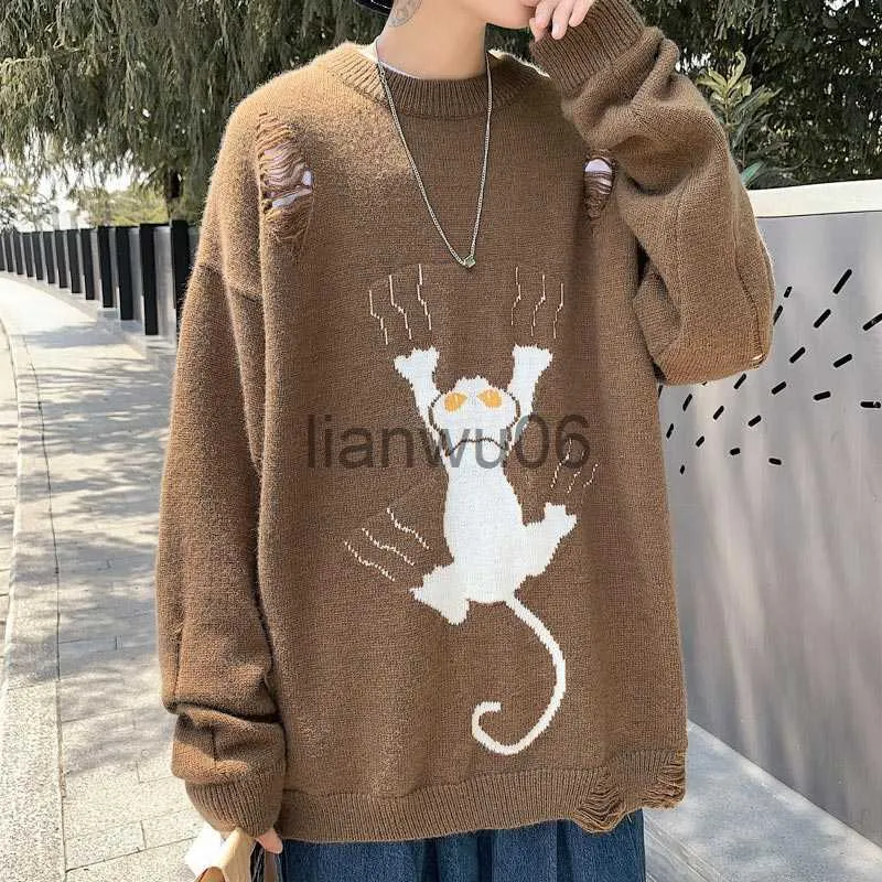 Korean Harajuku Knitted Sweater For Men Autumn Casual Fashion With Cartoon Cat Drawing Cat Print And Oneck Design J230806 From Lianwu06 18.95 DHgate.Com