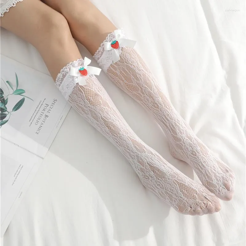 여자 양말 로리타 흰색 레이스 딸기 얇은 스타킹 펨메 긴 무릎 양말 허벅지 jk 투명한 calcetine