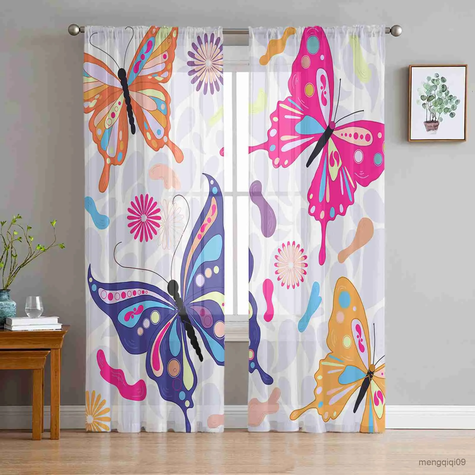 Curtain Butterfly Holiday Tulle Sheer Curtains for Bedroom Kitchen Decor Curtains Hotel Drapes R230816