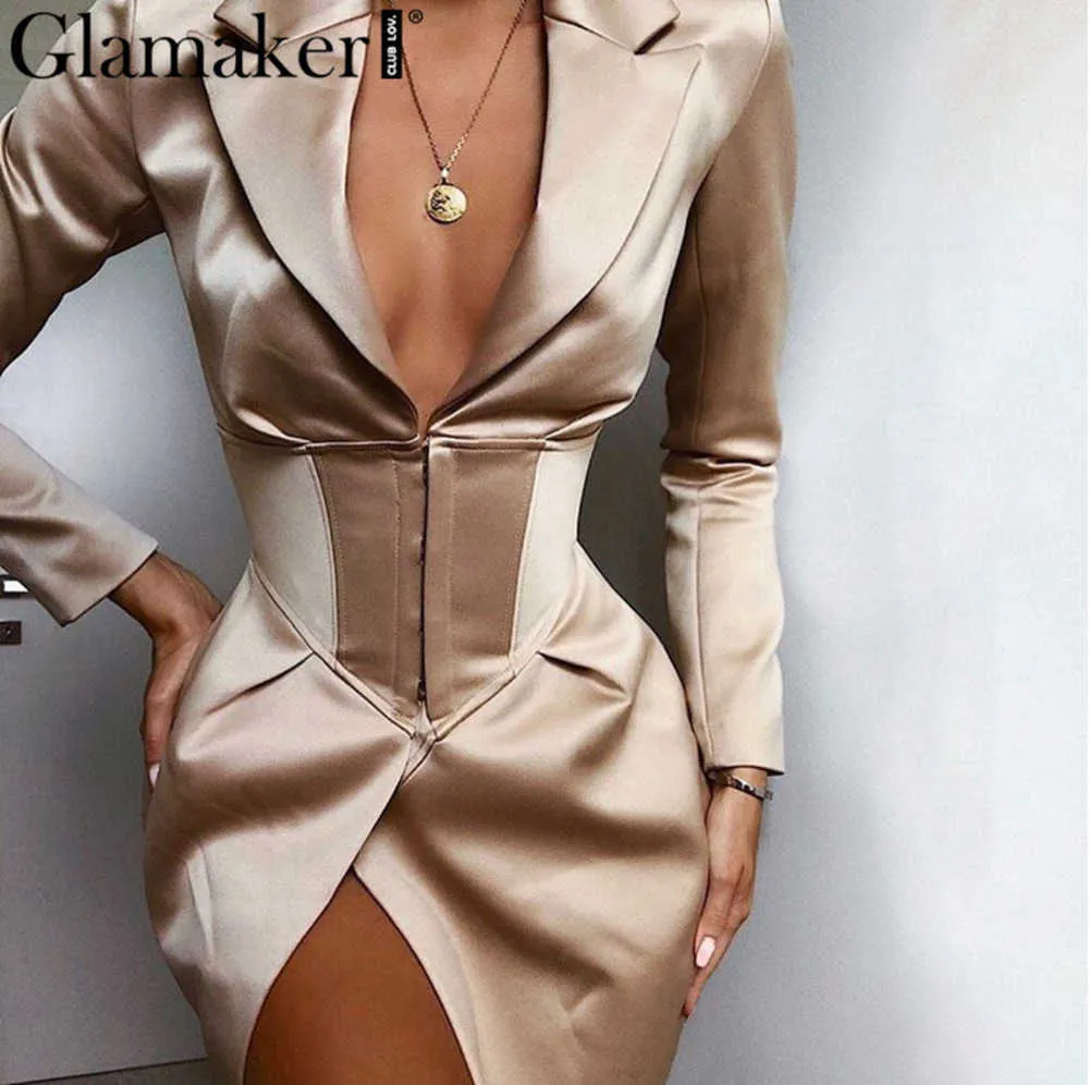 Kvinnors kostymer V Neck Khaki Sexig klänning Autumn Winter Bodycon Elegant Thin Coat Outwear Female Party Club Night Blazers