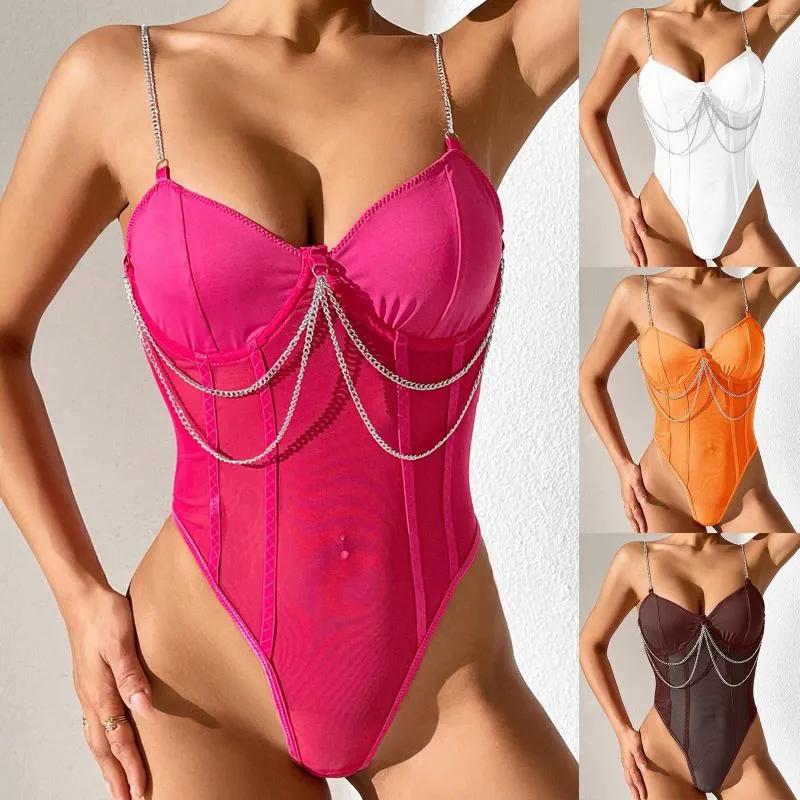 Dames shapers leuke ondergoed kanten metalen ketting band top sexy zie door vorming bodysuit