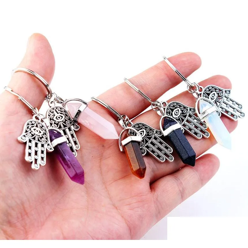 Key Rings Keyring Jewelry Healing Crystals Amethyst Rose Quartz Bead Chakra Point Women Men Natural Stone Fatima Hamsa Keychain Drop Dhwmt