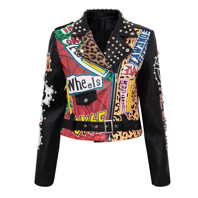 Women's Jackets Spring Faux Leather Jacket Women Leopard Punk Style Skull Rivet and Chain High Waist Motor Jackets 230815