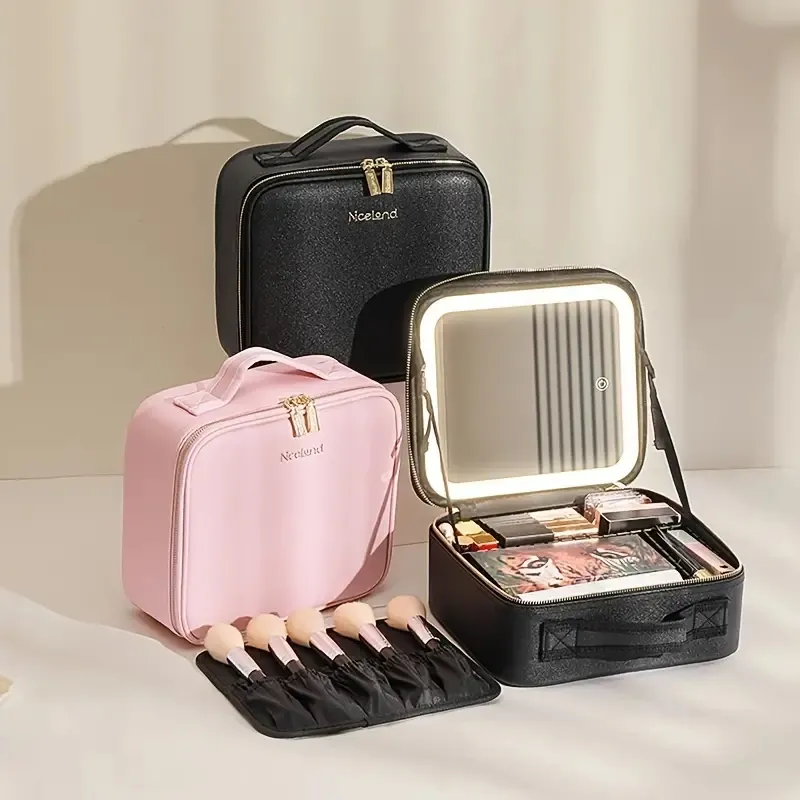 DHgate UpgradedLED Makeup Bag Large Travel Cosmetic Organizer with Mirror Portable Makeup Case with Lighted Mirror for Women and Girls Black Health Beauty