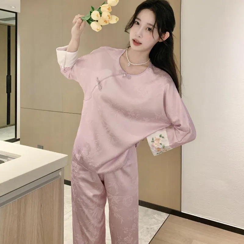 Women's Sleepwear O-Neck Women Two Piece Pajamas Set Lingerie Pink Satin Pijamas Top&Pant Sleep Suit Spring Autumn Home Clothes