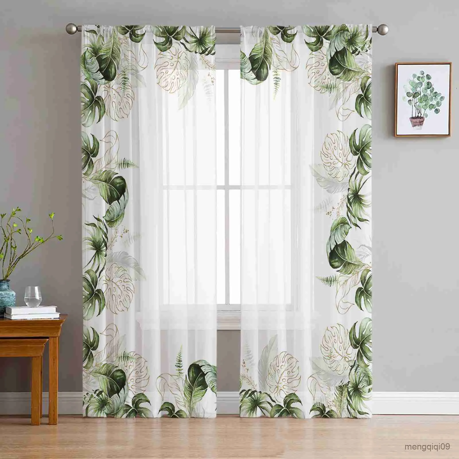 Curtain Tropical Plants Palm Green Leaves Tulle Sheer Curtain for Living Room Adult Bedroom Drapes Kitchen Decor Curtains R230816