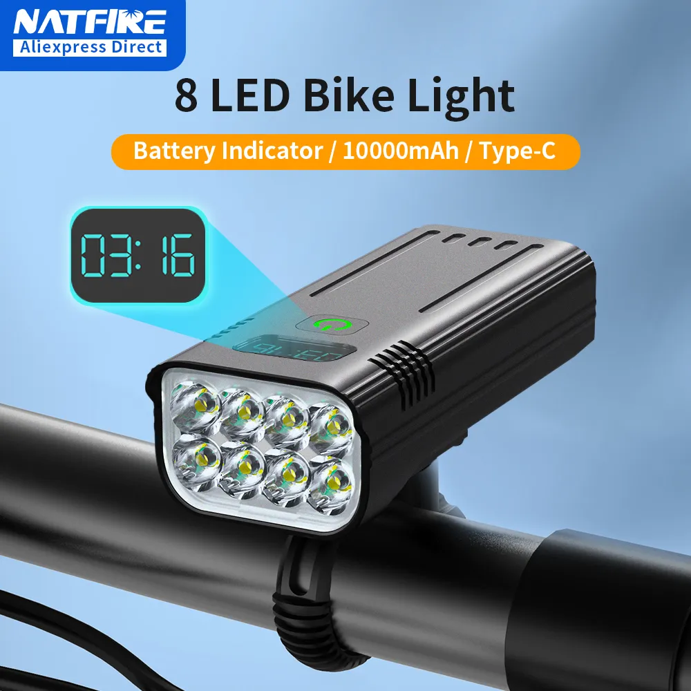 Cykelbelysningar Natfire 10000mAh Cykelljus med digital batteriindikator USB -laddningsbar uppsättning 8 LED -ficklampa 230815