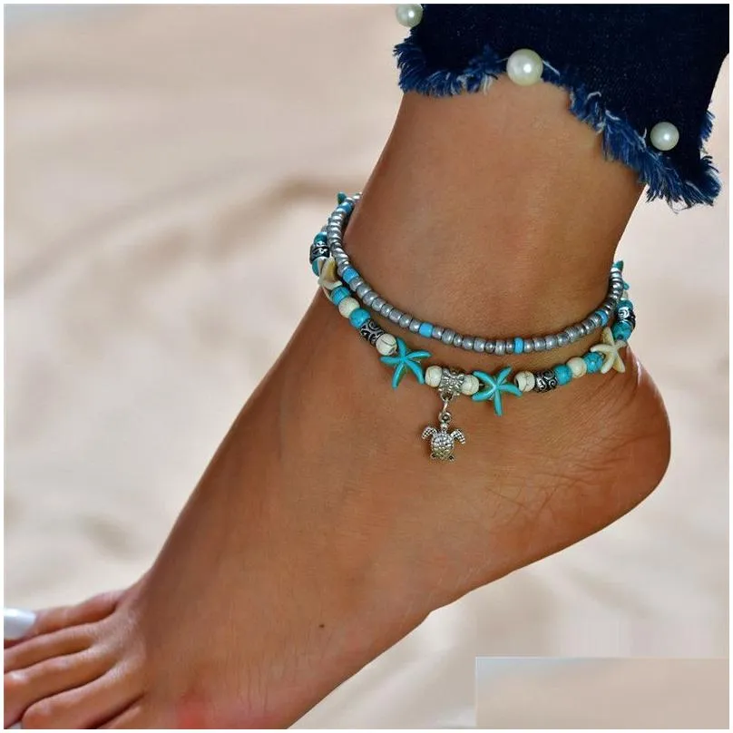 Bracelets de cheville à la mode, Double Yoga, pendentif de plage, conque, tortue, étoile de mer, perle, livraison directe, bijoux