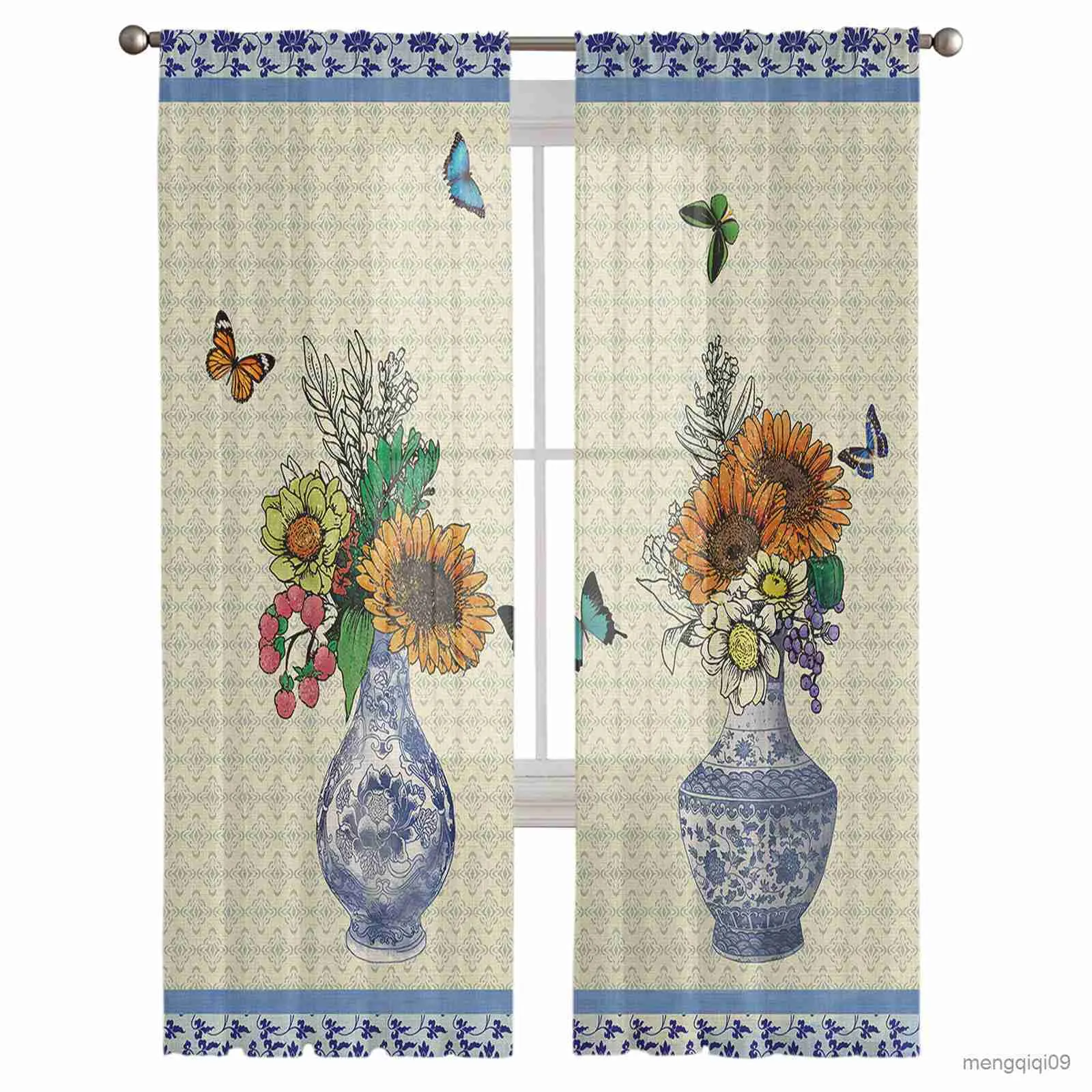Rideau transparent en Tulle à fleurs rétro en porcelaine, papillon, pour salon, chambre à coucher d'adultes, rideaux de décoration de cuisine