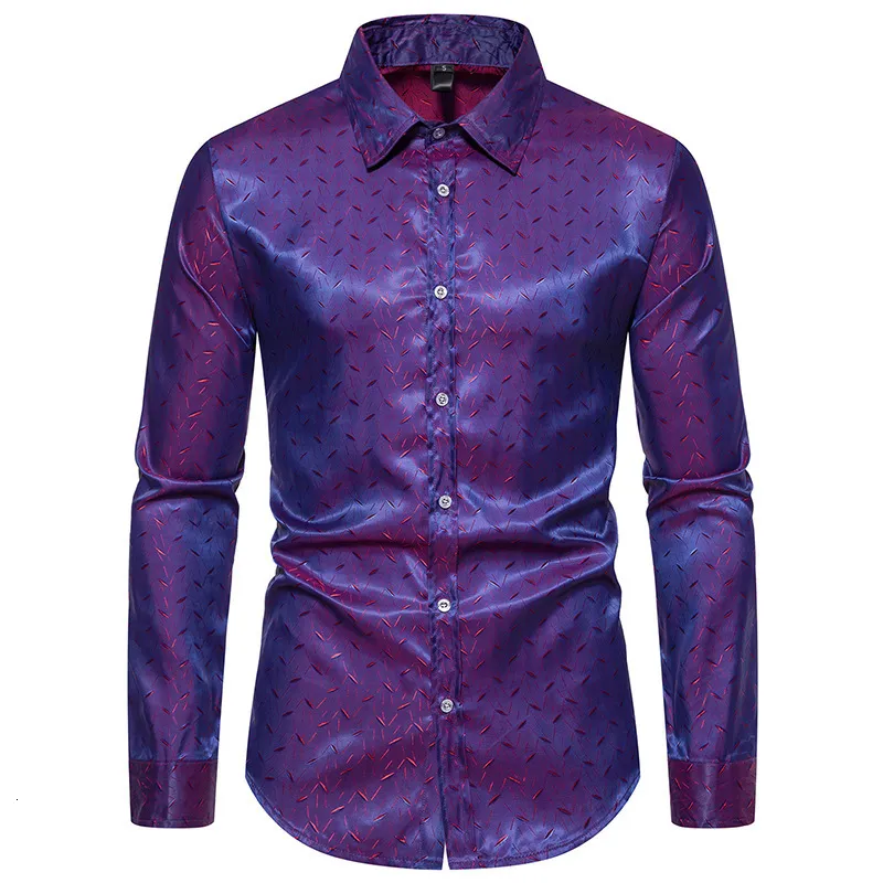 Mens Casual Shirts Purple Jacquard Silk Luxury Shirt Elegant Long Sleeve For Men Man Male Business Party Wedding Dress Tops 230815