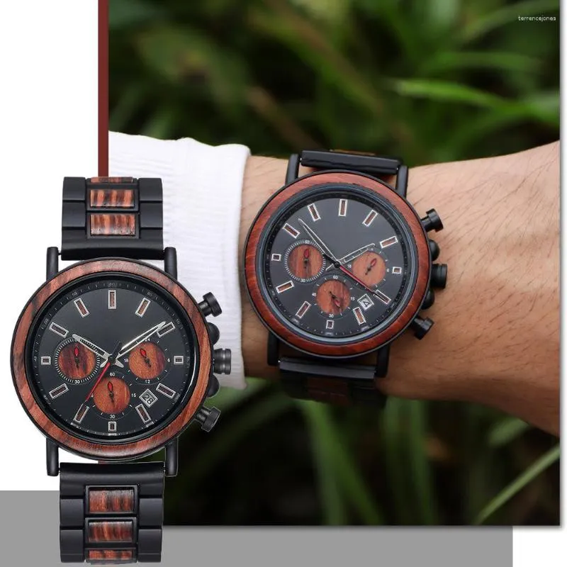 腕時計の腕時計男性のための木製の腕時計多機能防水ビジネスパーソナライズされたクォーツクロックウッドwacthes box彼の贈り物