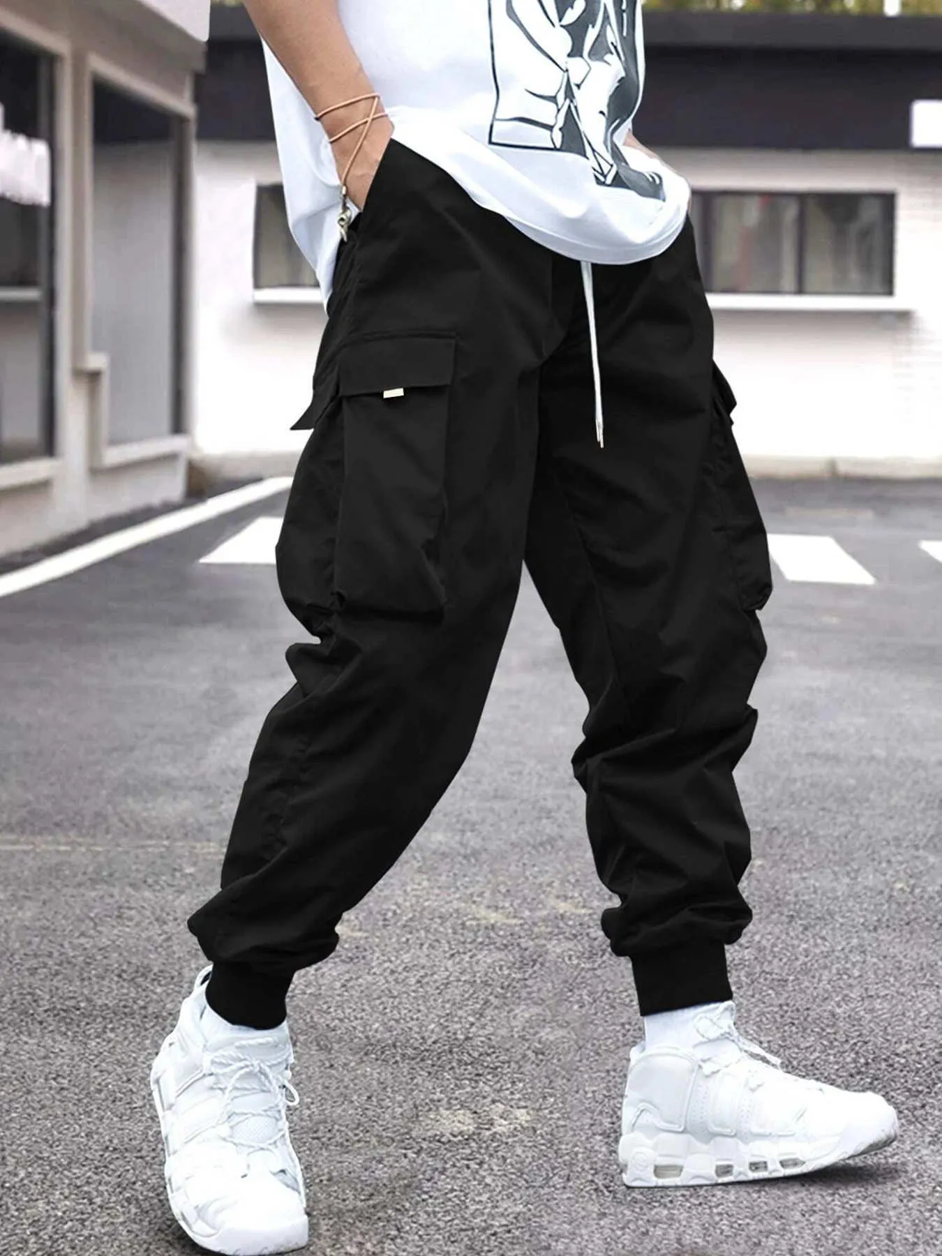 Mens Pants Men Flap Pocket Side Drawstring Waist Cargo