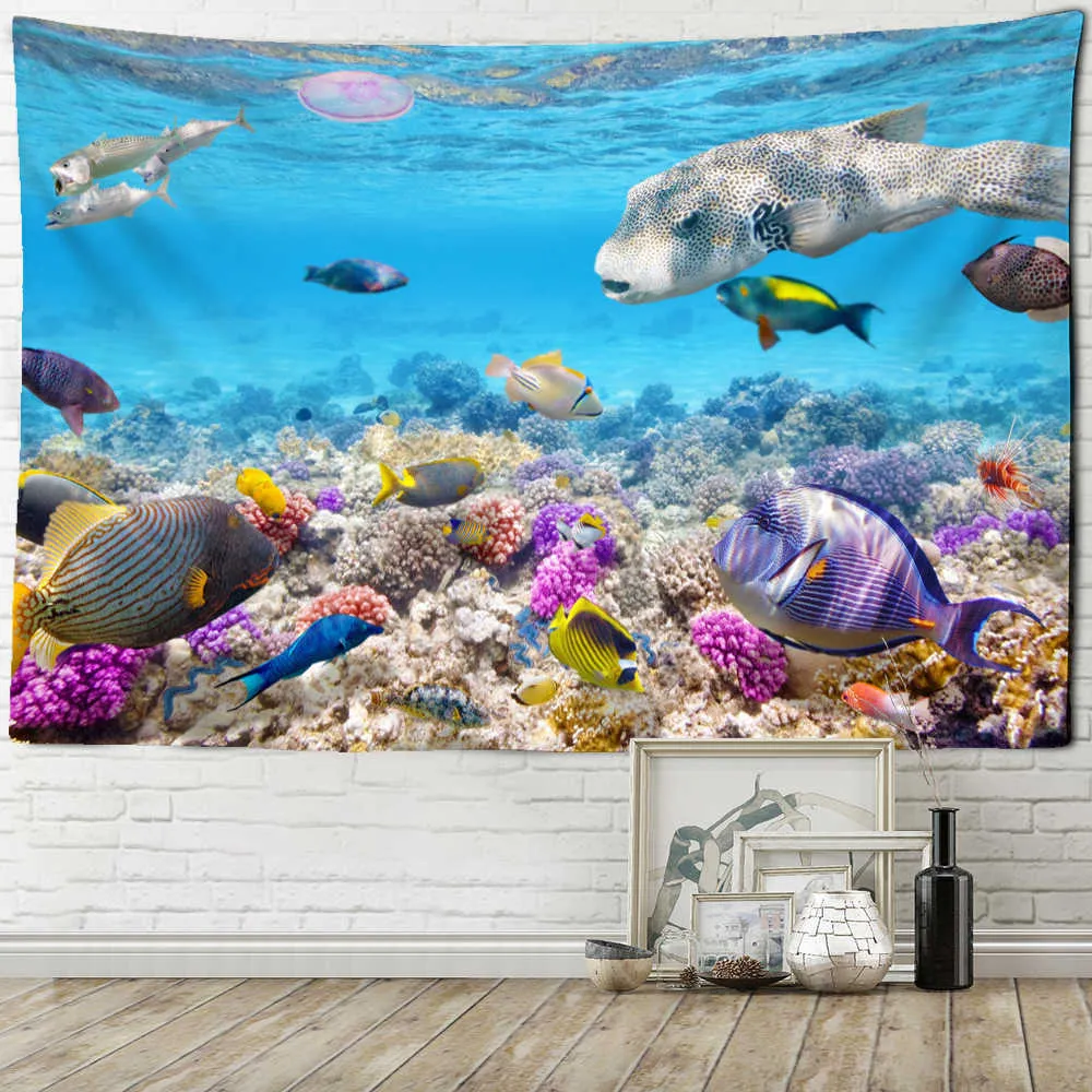 Tapisserier Deep Sea Fish and Coral Tapestry Wall Hanging Marine Animals Bedroom Living Room Art Home Decor