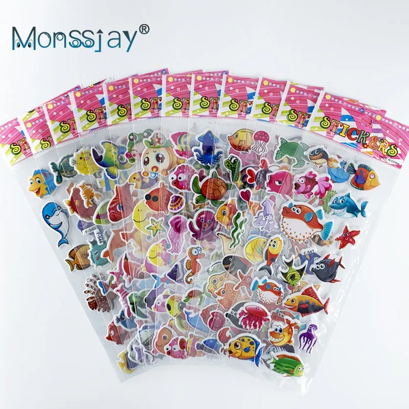 Kids Toy Stickers 12 sheetsset marine fish pattern kids 3D cartoon stickers bubble PVC scrapbooking sticker for Children boys girls cute gift 230816