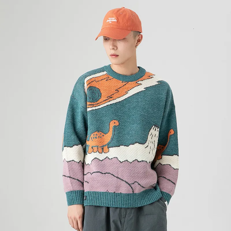 Men's Sweaters 2023 spring Cartoon Dinosaur Knitted Sweater Men Women Winter Vintage Loose Pullover Casual Streetwear Pull Homme 230815