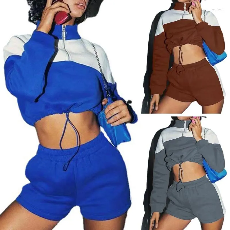 Women's Hoodies Dames 2 -delige tracksuit Colorblock Half Zipper lange mouw Crop sweatshirt en elastische taille shorts ingesteld met zakken