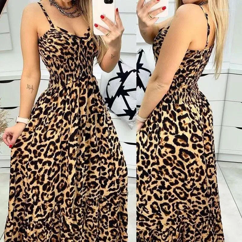 Sukienki swobodne 2023 Seksowne elastyczne wysoką talię sukienkę maxi kobietę letni lampart wydrukowany bez pleców długi szczupły spaghetti paski plażowe
