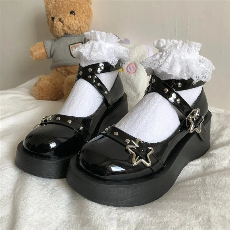 Kledingschoenen lolita schoenen voor vrouwen kawaii cosplay mary janes gothic schoenen platform emo schoenen op hakken dames loli dikke hiel crossbandage 230815