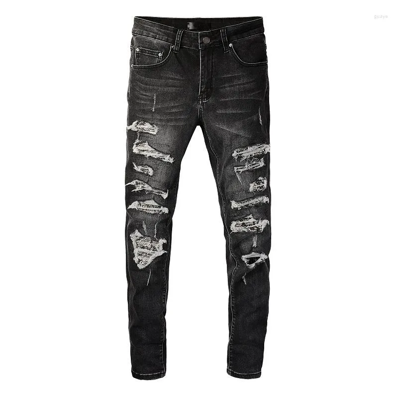 Men's Jeans Light Gray Black Streetwear Distressed Destroyed Hole Bandanna Patches Moustache Scratched Slim Ripped High Stretch Skinny