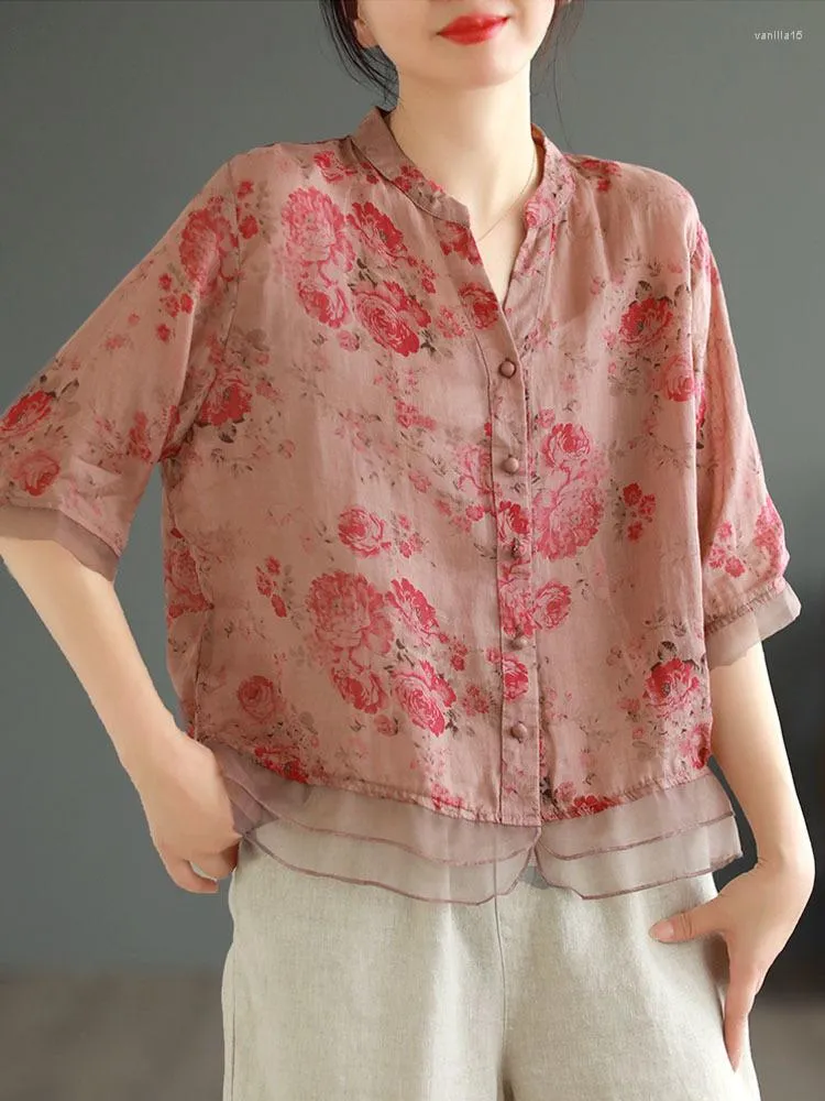 Blusas femininas 2023 Moda Floral Impresso Chiffon Tops feminino Camisas de linho de algodão soltas Ladies Classic Casual V Neck Patchwork