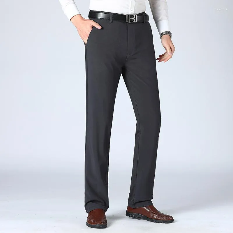 Calça masculina roupas de verão zíper formal casual fino fino sólido respirável gelo bolsos de seda