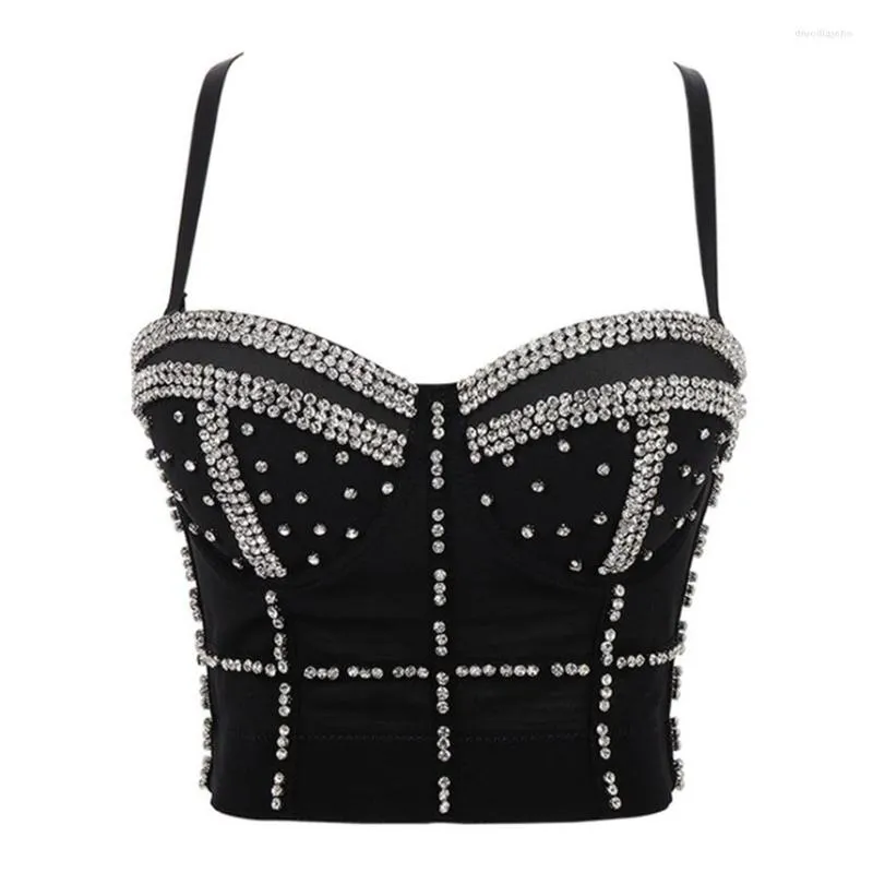 Damestanks mode vrouw bovenaan sexy felle diamanten beha mesh push up bralet corset bustier nachtclub slijtage bijgesneden topvest