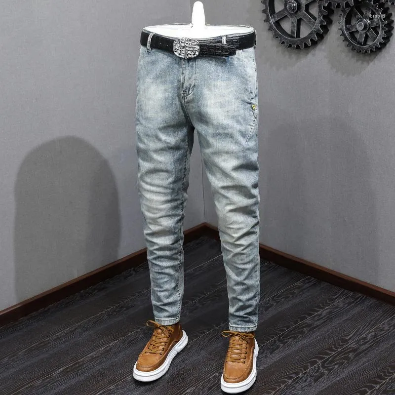 Jeans masculino designer de moda homens retrô cinza azul elástico slim slim vintage estilo coreano casual jeap -calça