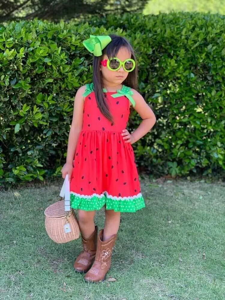 Girl's Dresses Baby Girls Summer Dress Princess Watermelon Printed Dot Sleeveless Patchwork Dress with Bow Kid Clothing