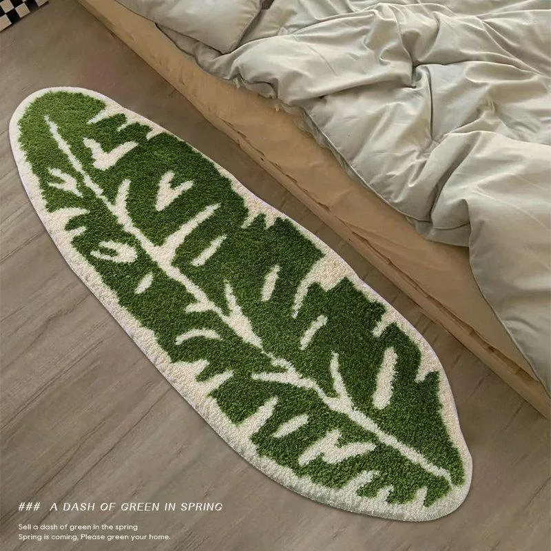 Tapijten groene bladvorm bedminder tapijt zachte pluche pluche tufted slaapkamer woonkamer decor lang tapijt niet-slip absorberende badkamer vloermat